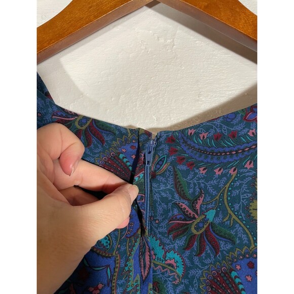 Vintage Albert Nipon Silk Midi Dress Blue Floral Paisley Pleated 90s Size 2 - Picture 12 of 15